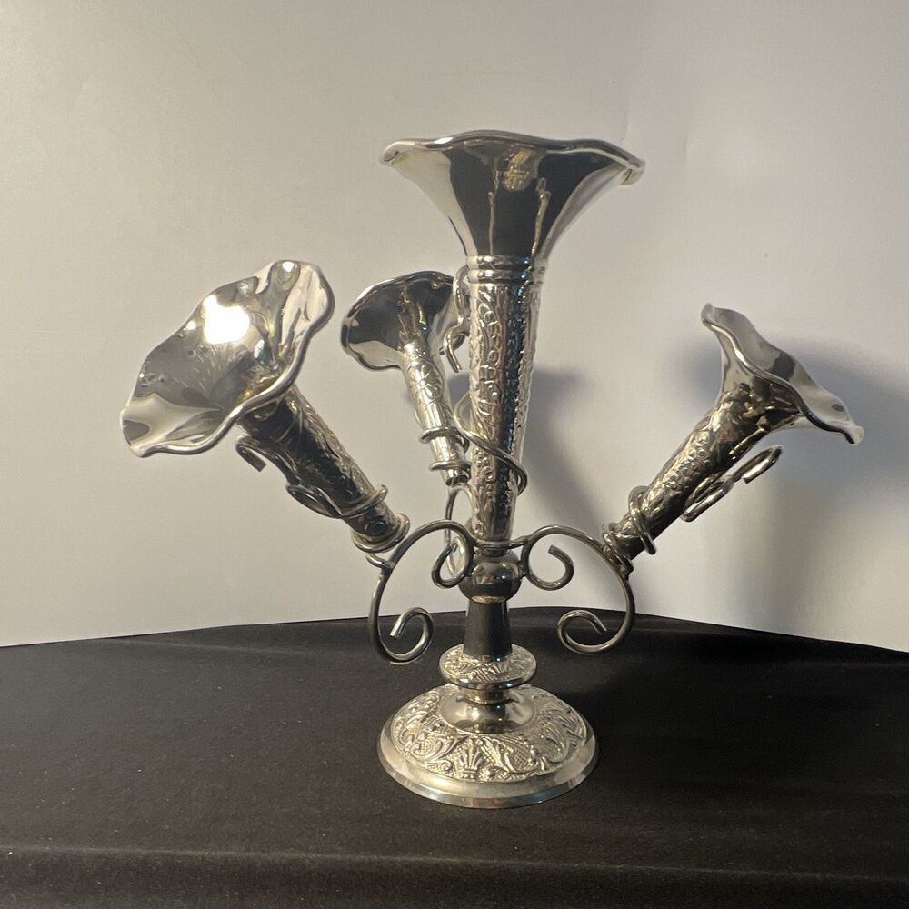 Victorian Style Nickel-Plated Epergne 4 Trumpet Vase Urn (Tarnish resistant)